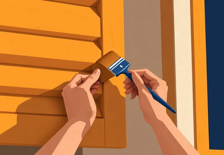 Mise en peinture au pinceau de volets et d'encadrements en bois