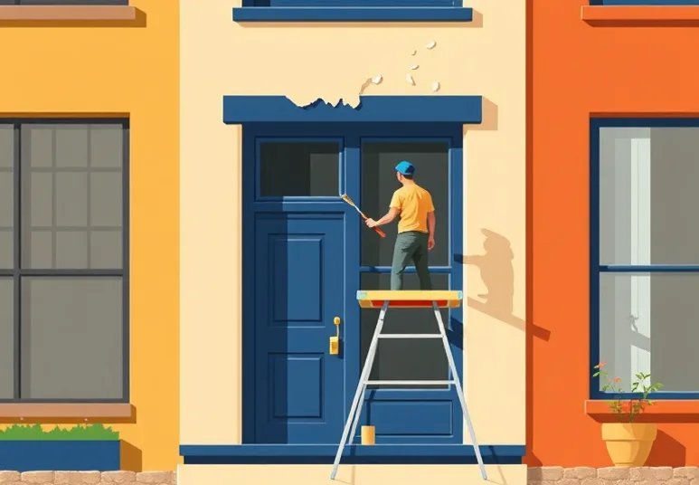 Peintre sur échafaudage traitant la façade d'une maison